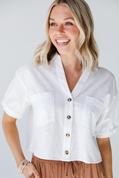 white Cropped Button-Up Blouse