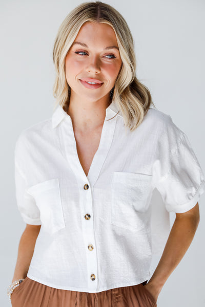 white Cropped Button-Up Blouse on model