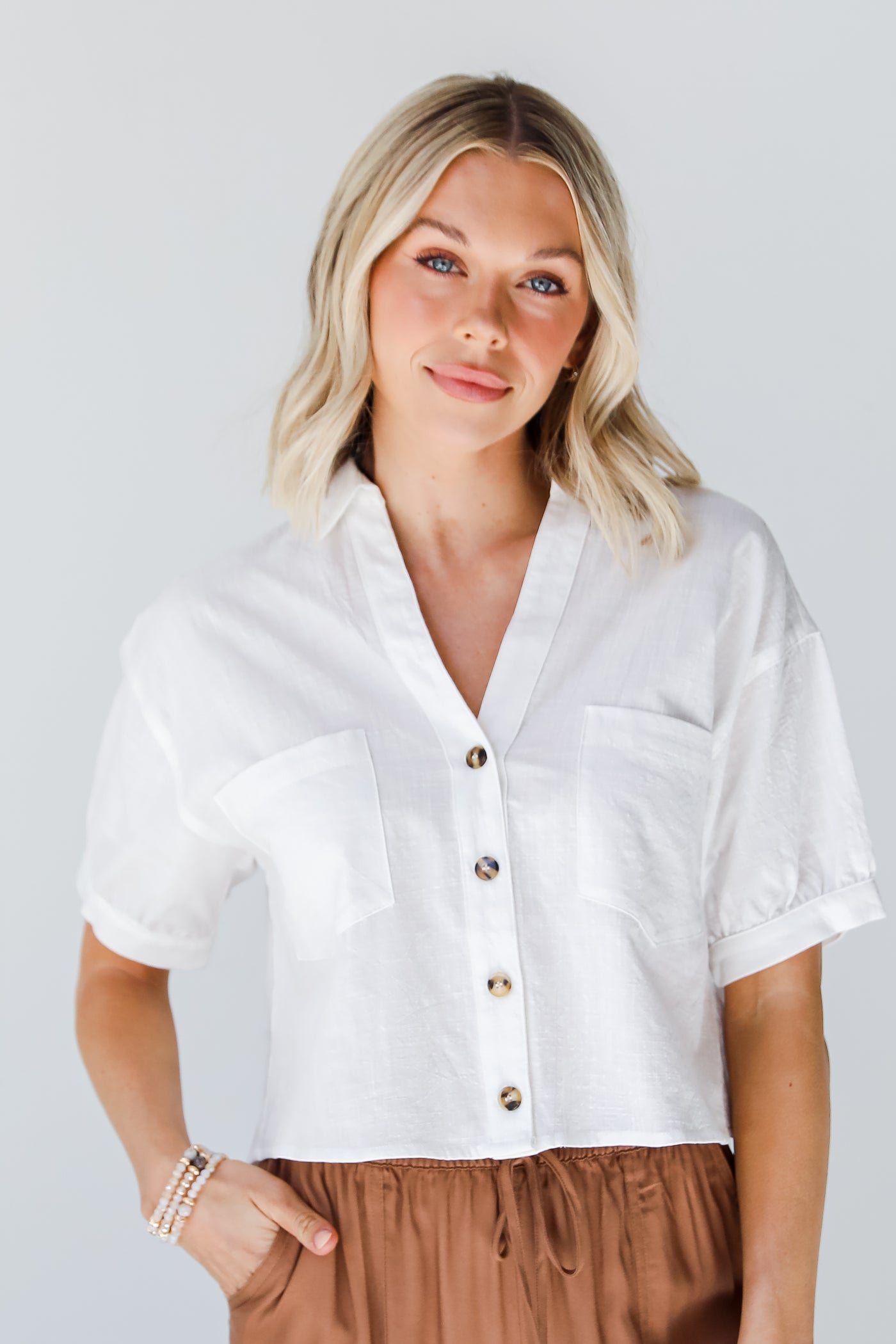 white Cropped Button-Up Blouse front view