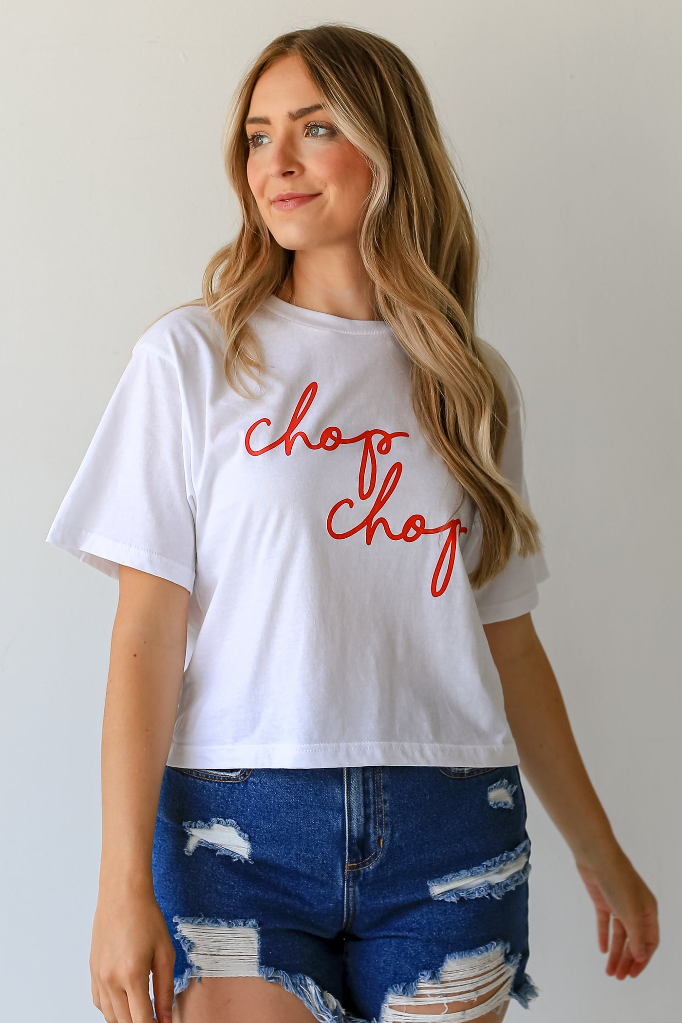 White Chop Chop Script Cropped Tee front view