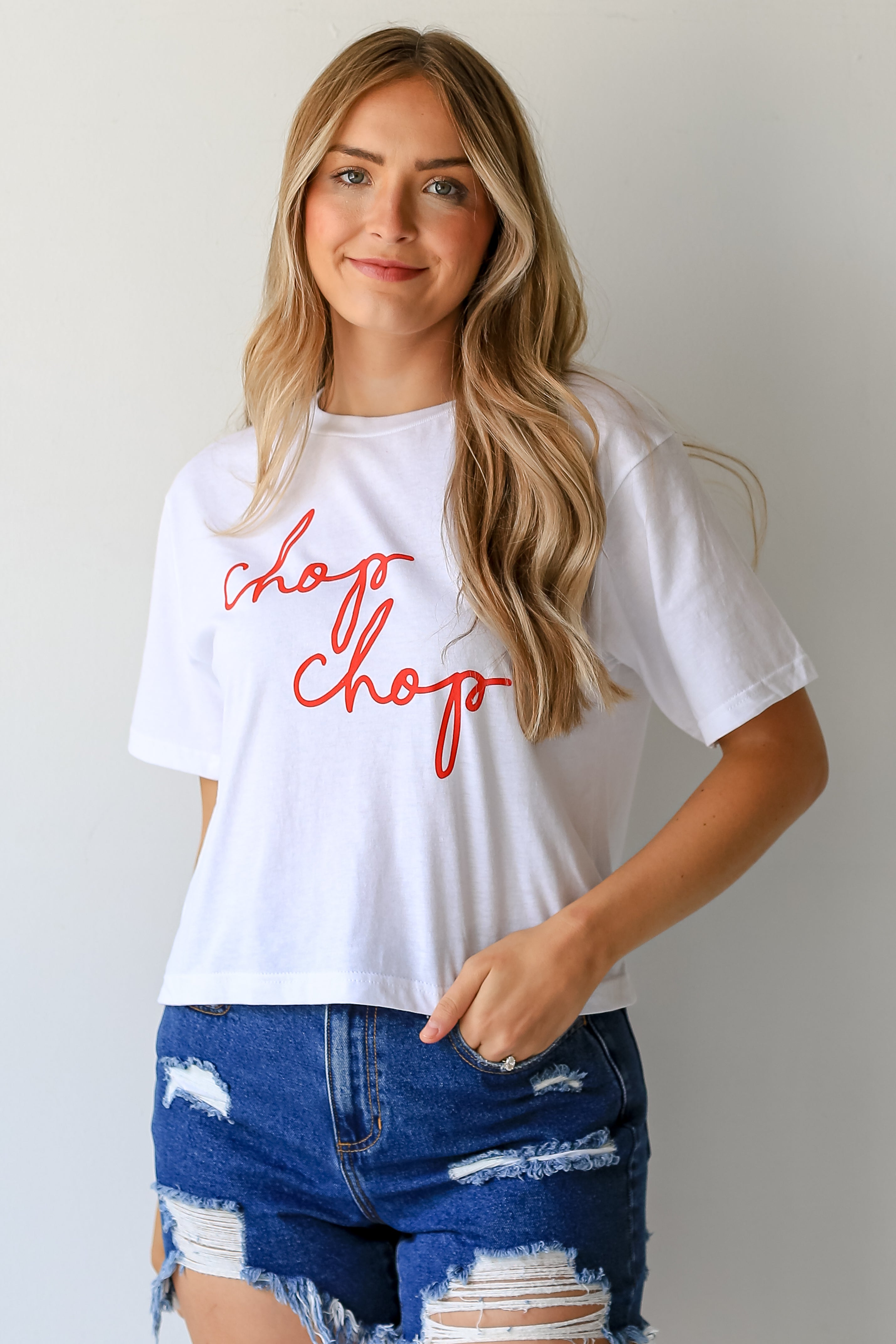 White Chop Chop Script Cropped Tee on model