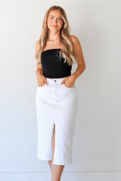 model wearing a White Denim Midi Skirt