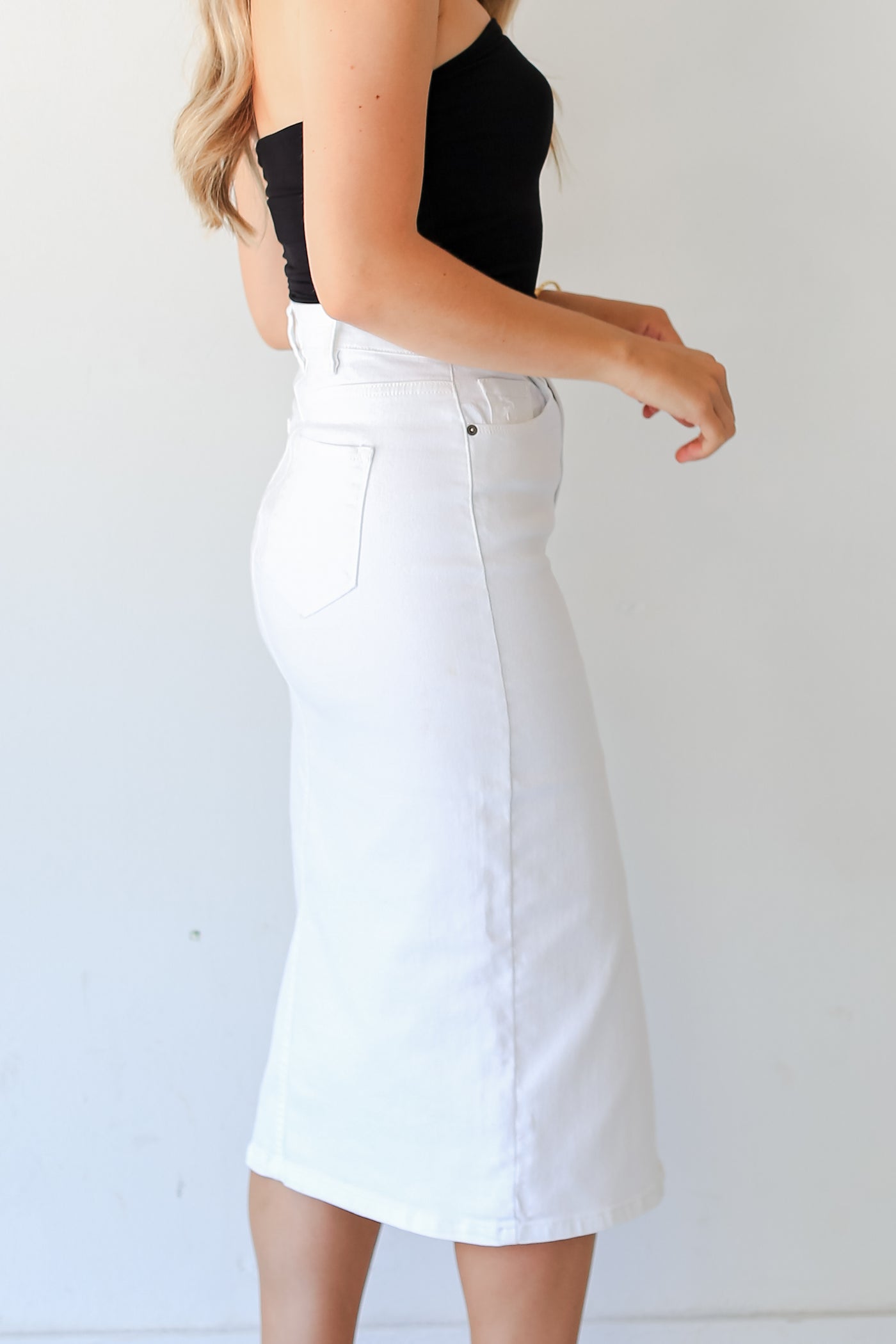 White Denim Midi Skirt side view