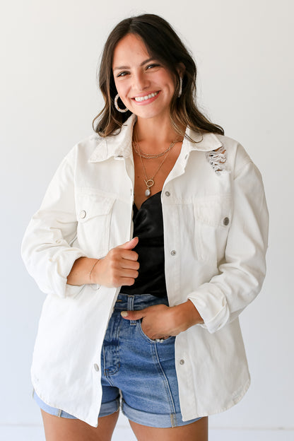 White Distressed Denim Jacket on model