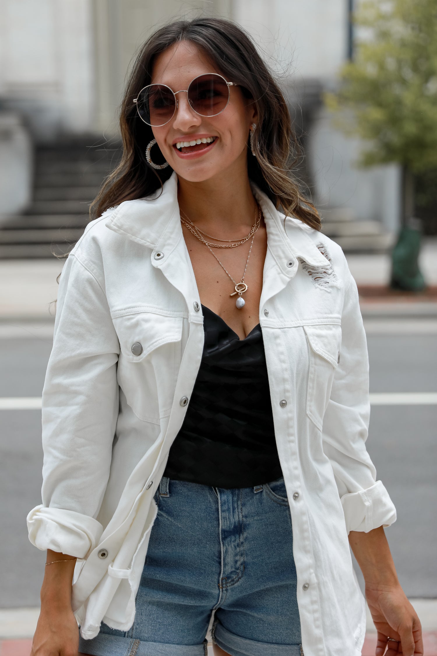 White Distressed Denim Jacket on model