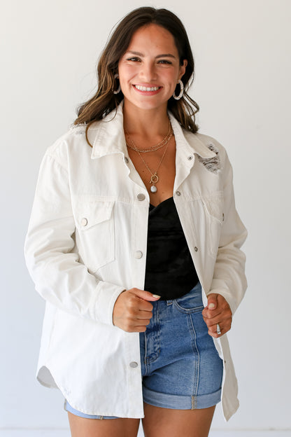 White Distressed Denim Jacket on dress up model