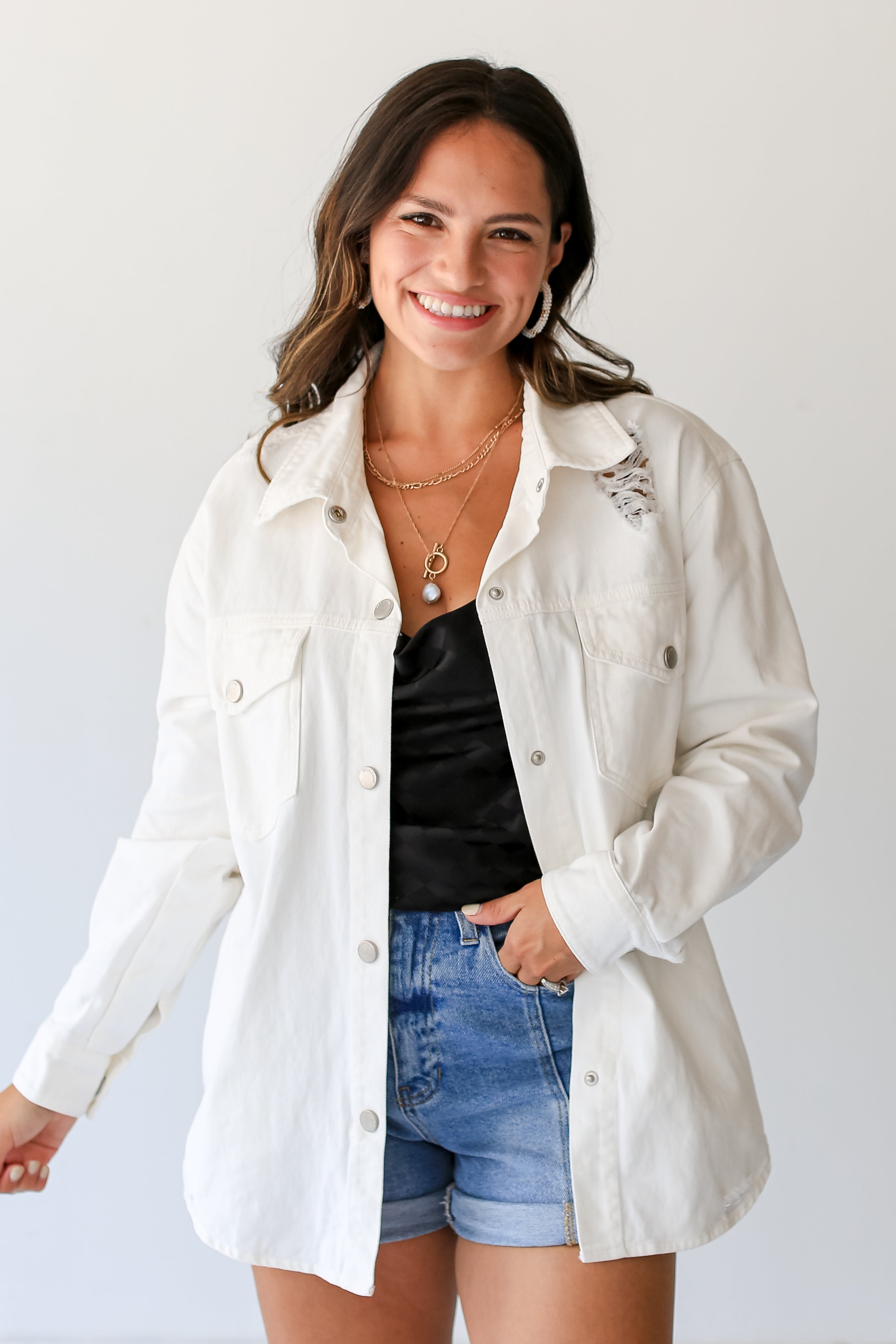 White Distressed Denim Jacket front view