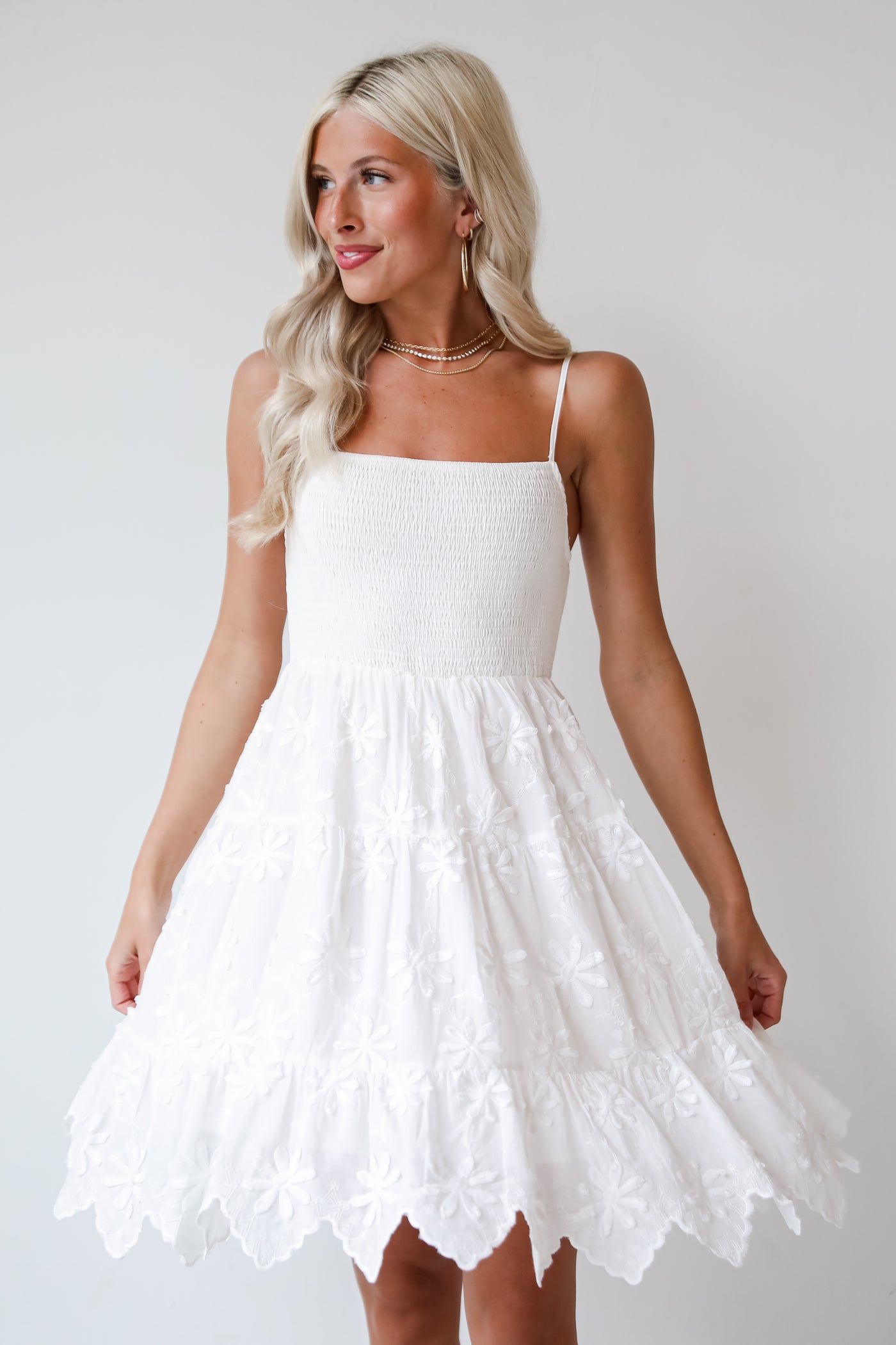 White Floral Embroidered Mini Dress for women