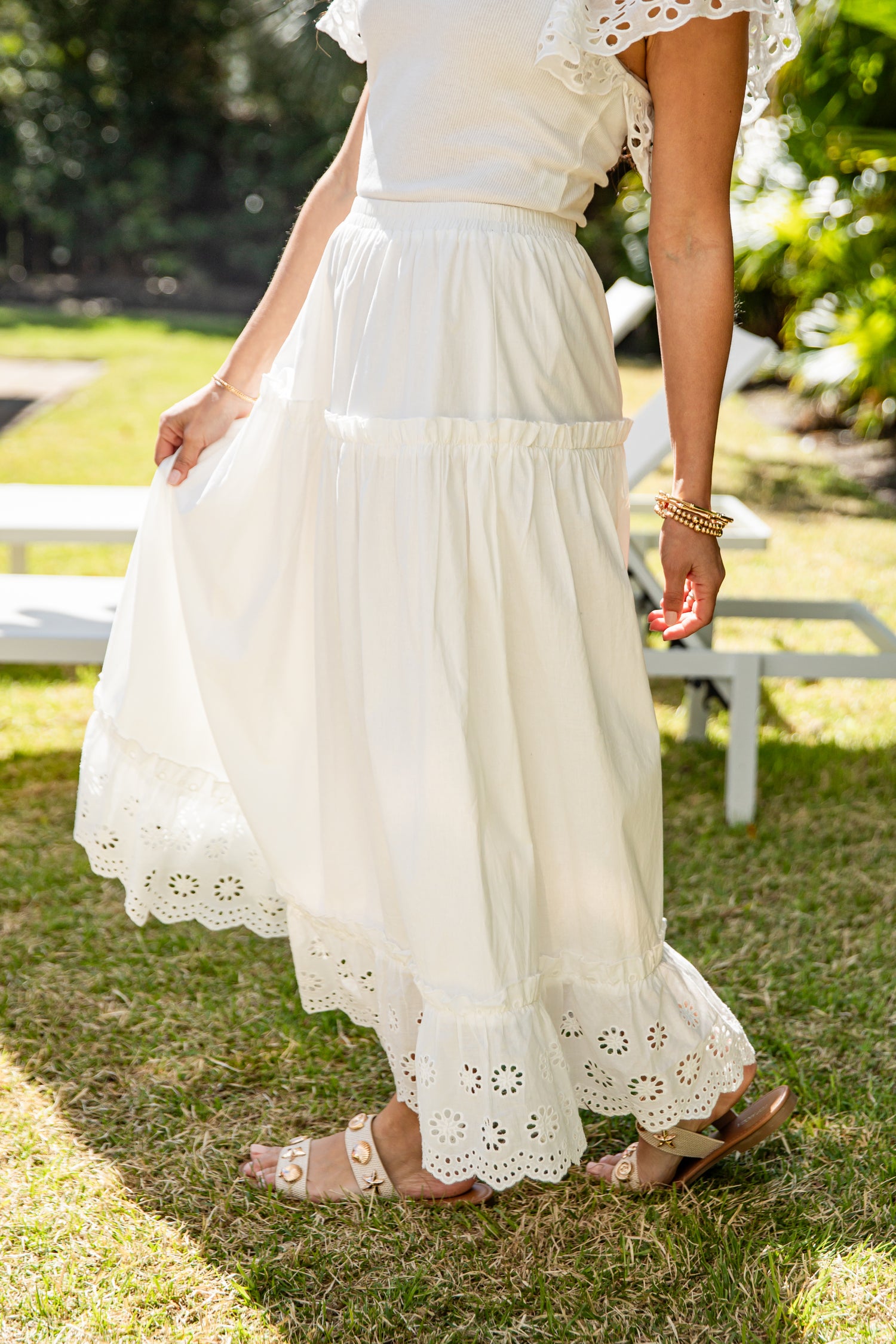 white lace hem maxi skirt detail close-up