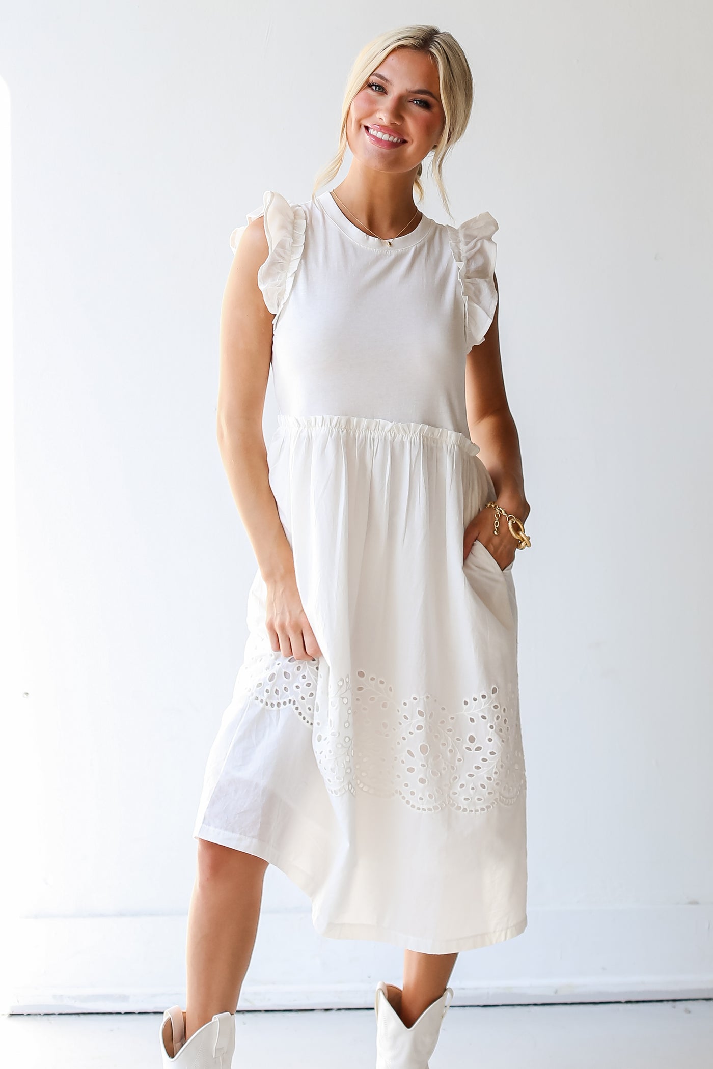 white Eyelet Midi Dress on dress up model