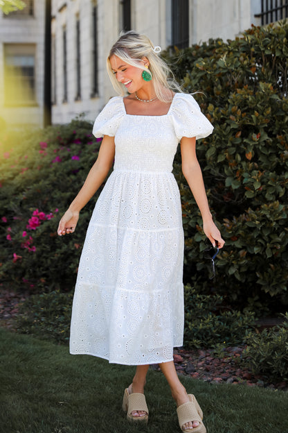 white eyelet midi dress