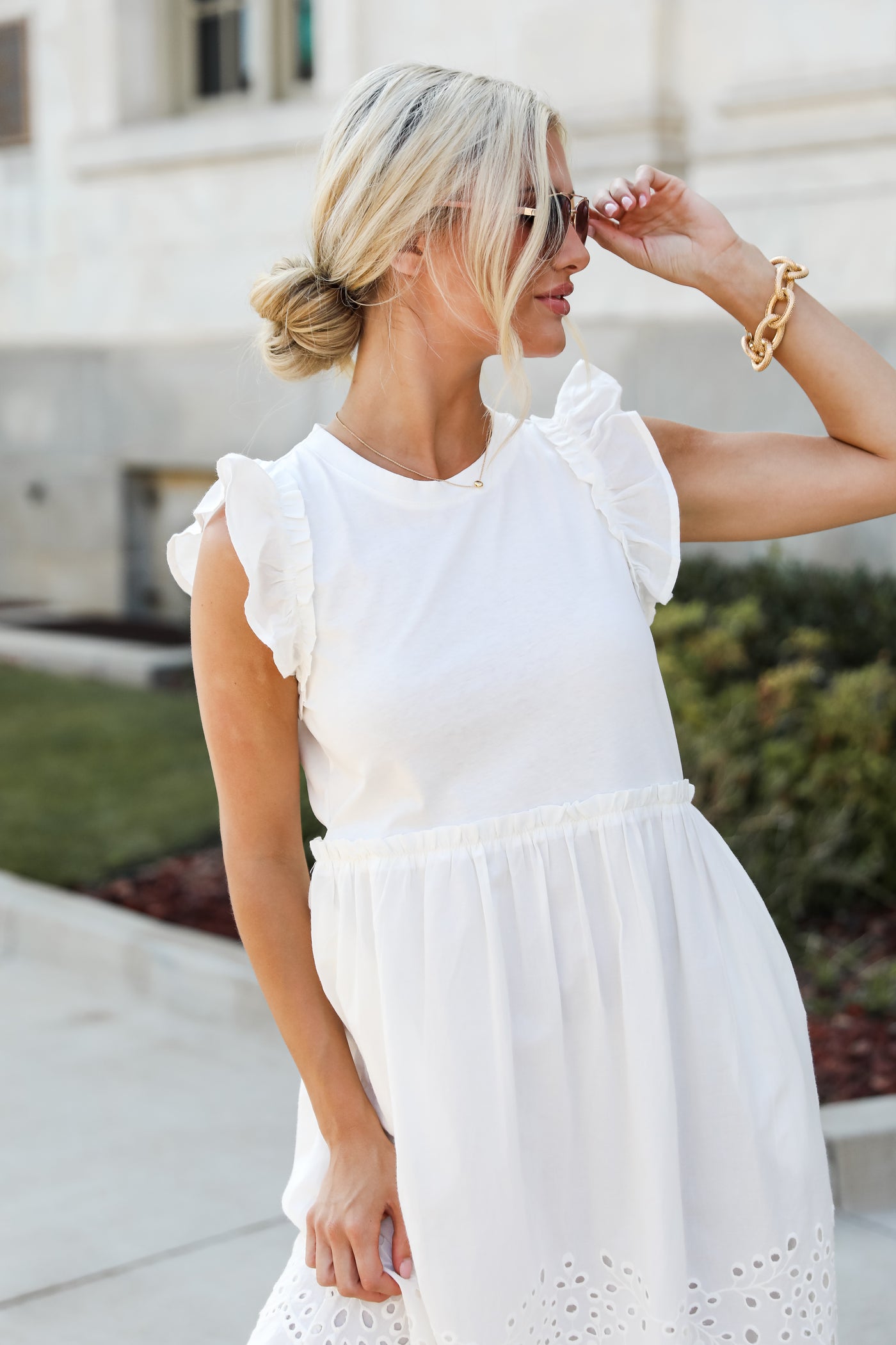 white Eyelet Midi Dress on model