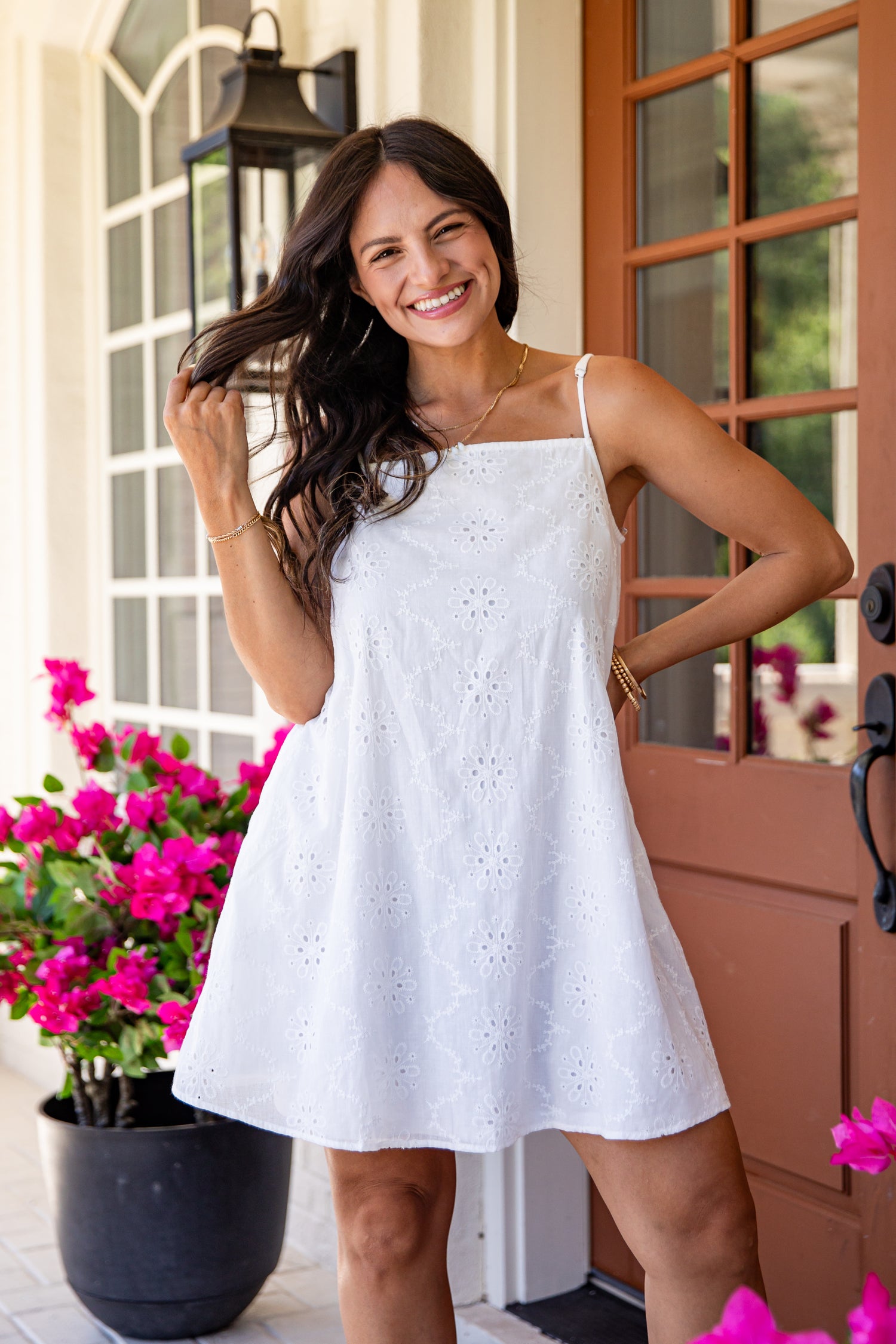 Summer Glow White Eyelet Mini Dress | Trendy Women's Dresses