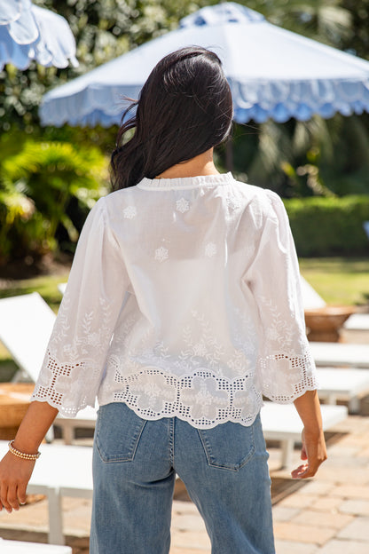 Person wearing a white lace top and blue jeans in an outdoor setting with umbrellas.