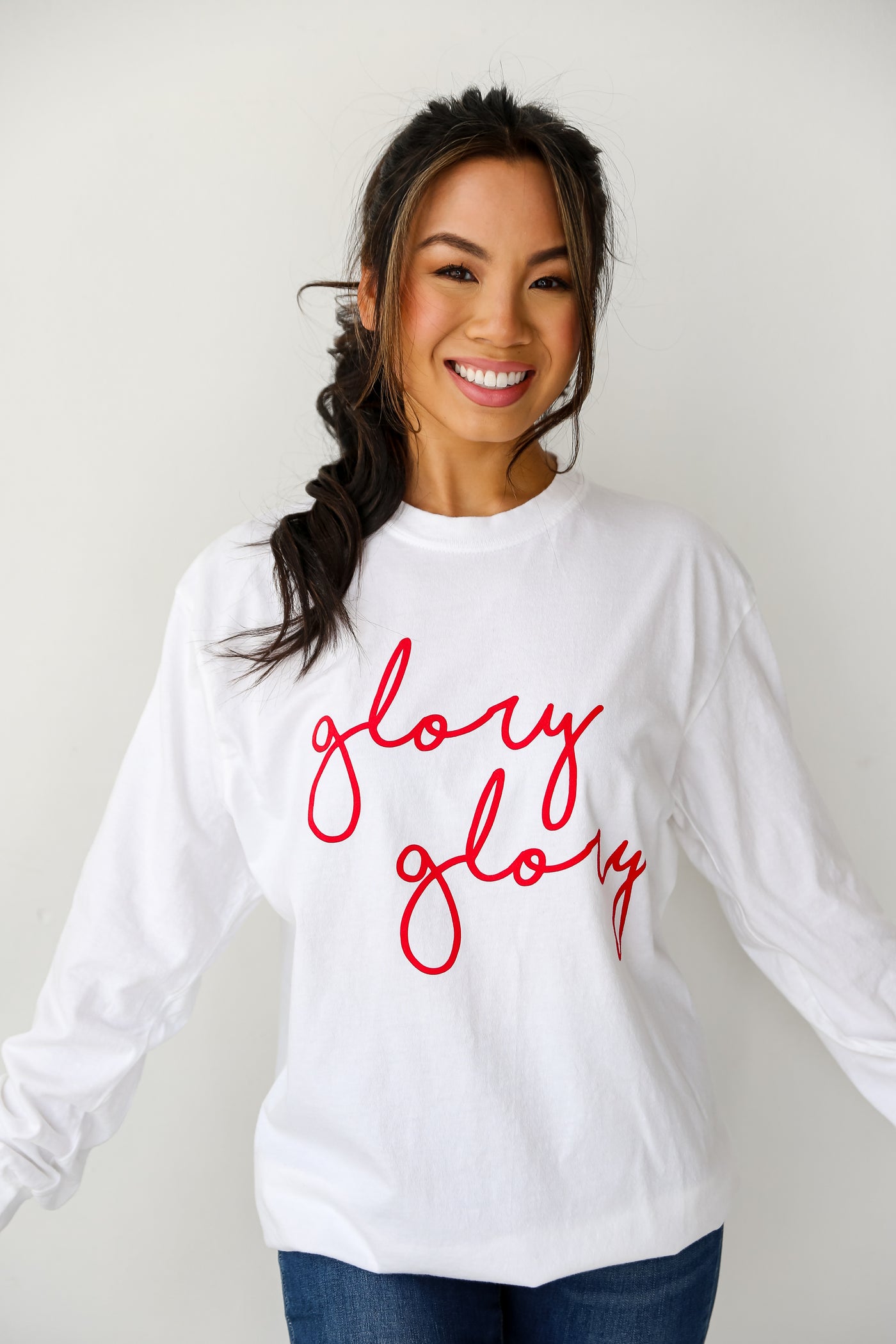 white Glory Glory Script Long Sleeve Tee front view