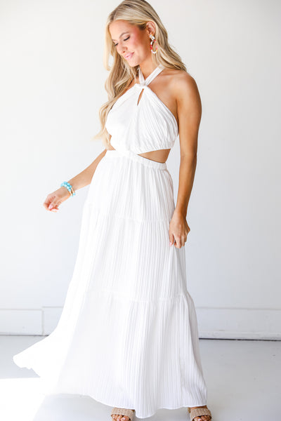 white Halter Maxi Dress on model