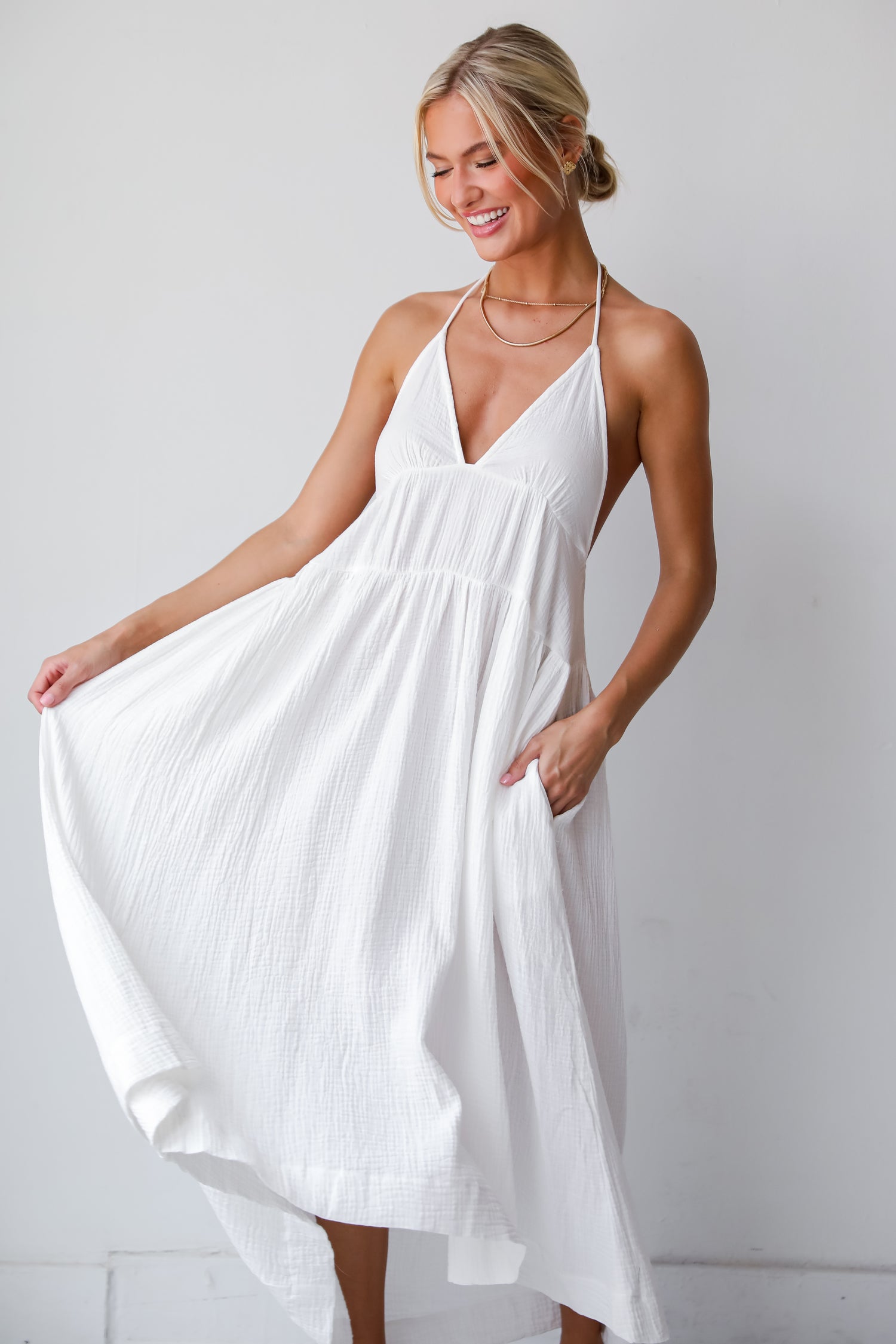 Flowy White Linen Halter Midi Dress White Dresses DressUp