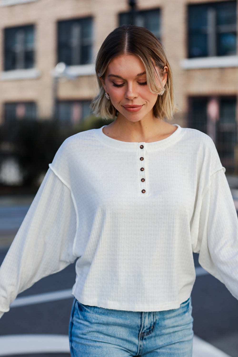 White Henley Knit Top