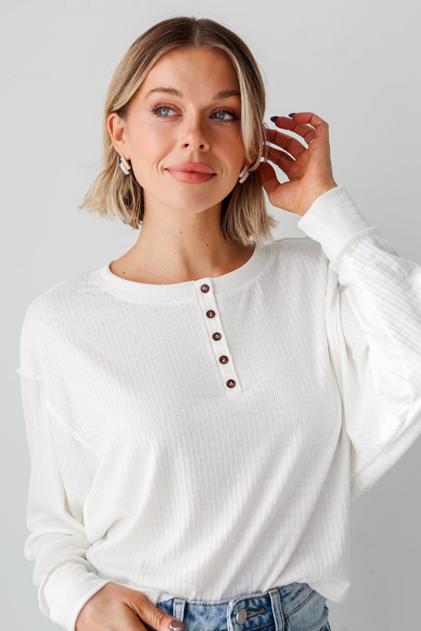casual White Henley Knit Top