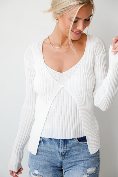 Ivory Ribbed Knit Cardigan Top for women