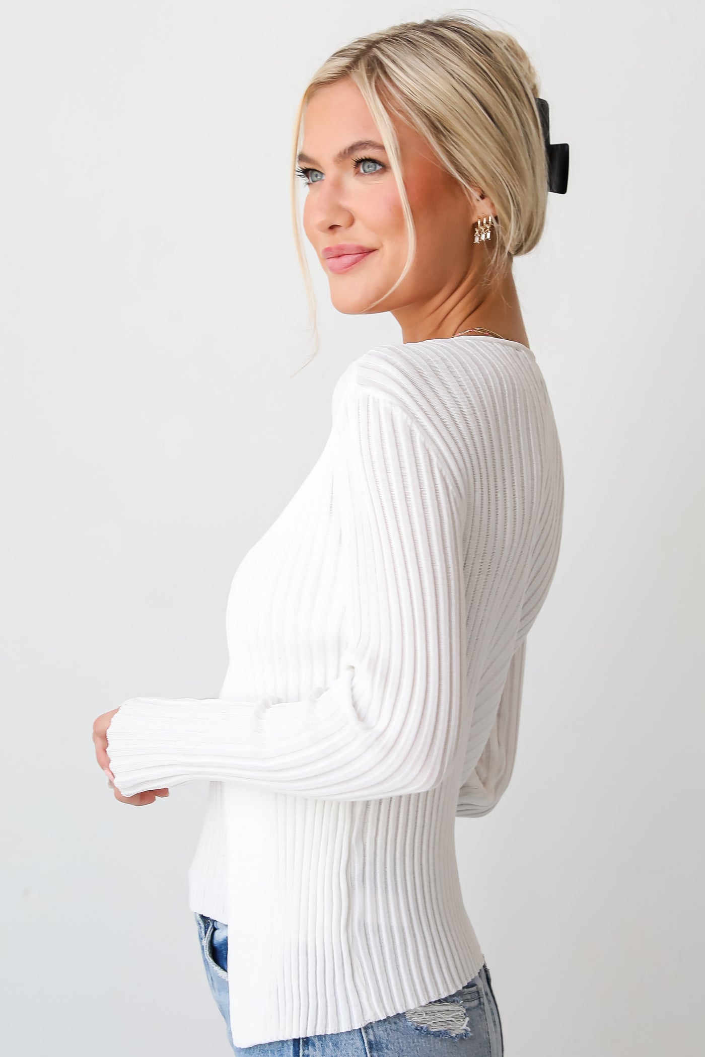 womens Ivory Ribbed Knit Cardigan Top