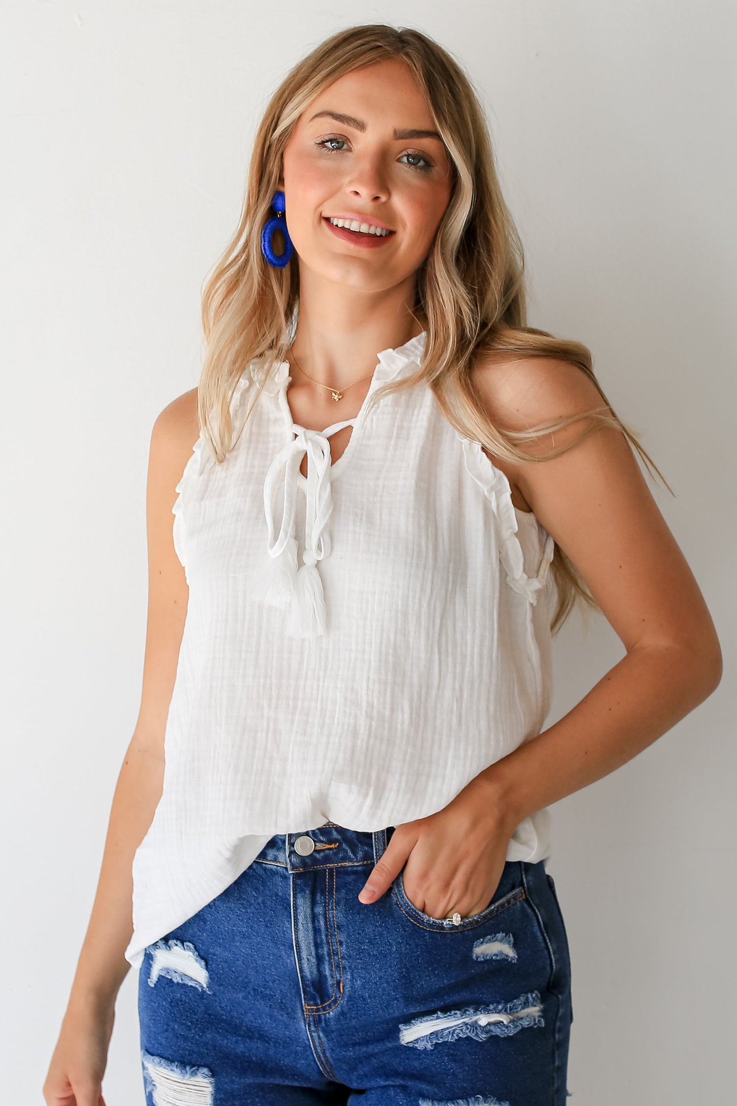 white Linen Ruffle Tank on dress up model