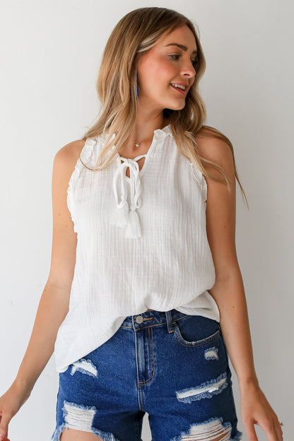 white Linen Ruffle Tank front view