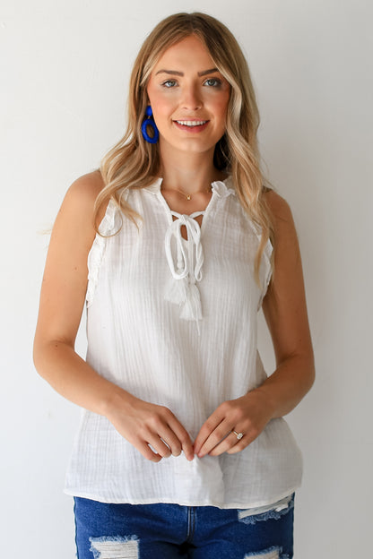 white Linen Ruffle Tank untucked