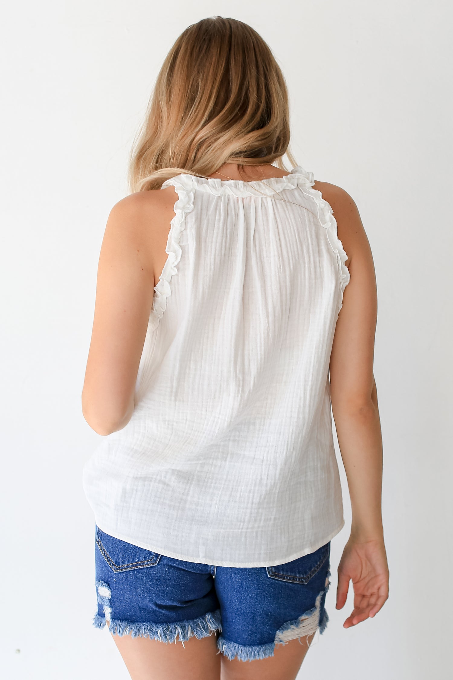 white Linen Ruffle Tank back view