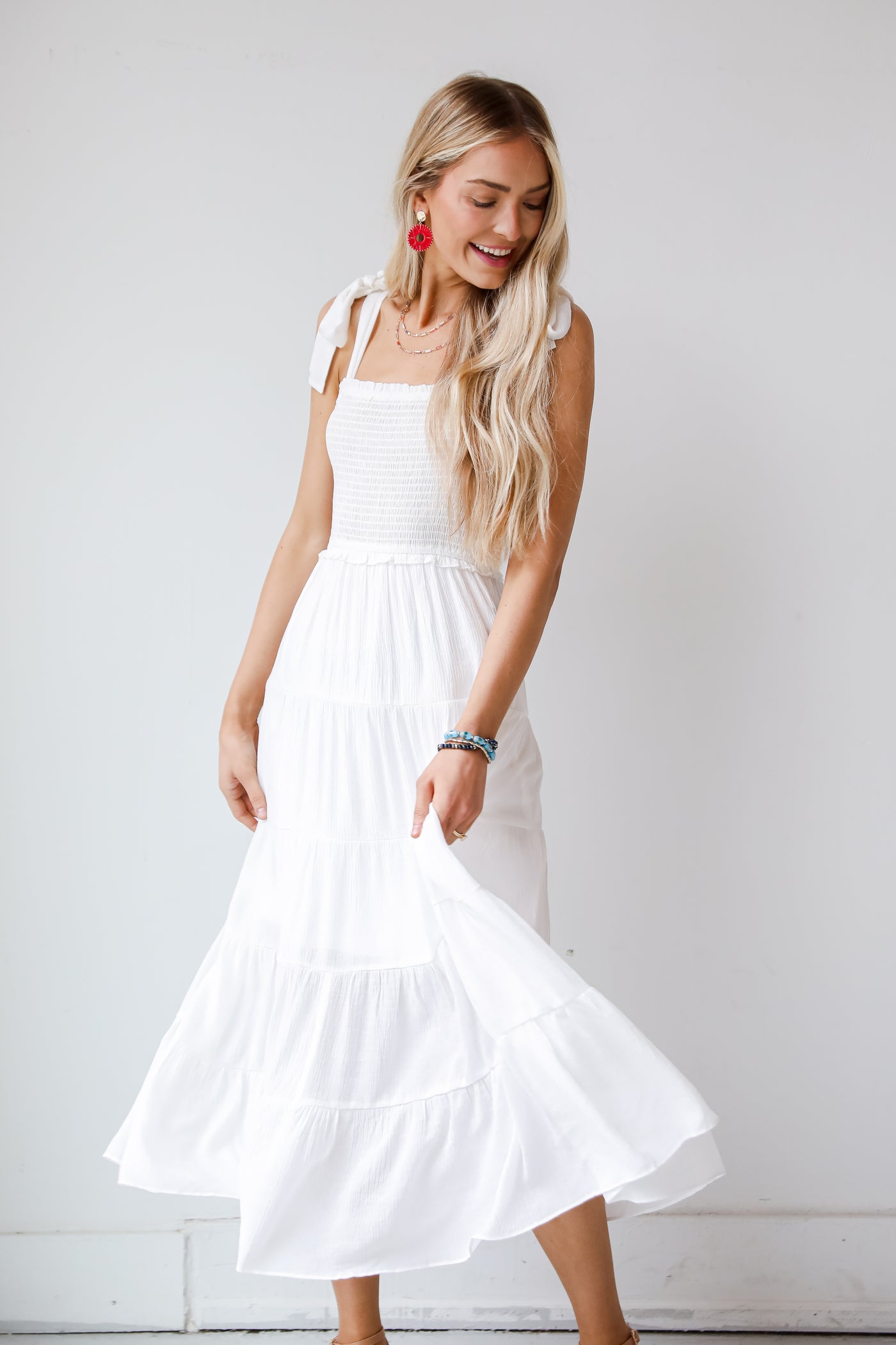 smocked White Tiered Maxi Dress