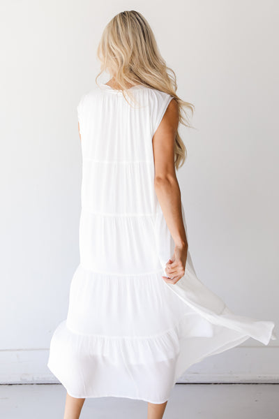 white Tiered Midi Dress back view
