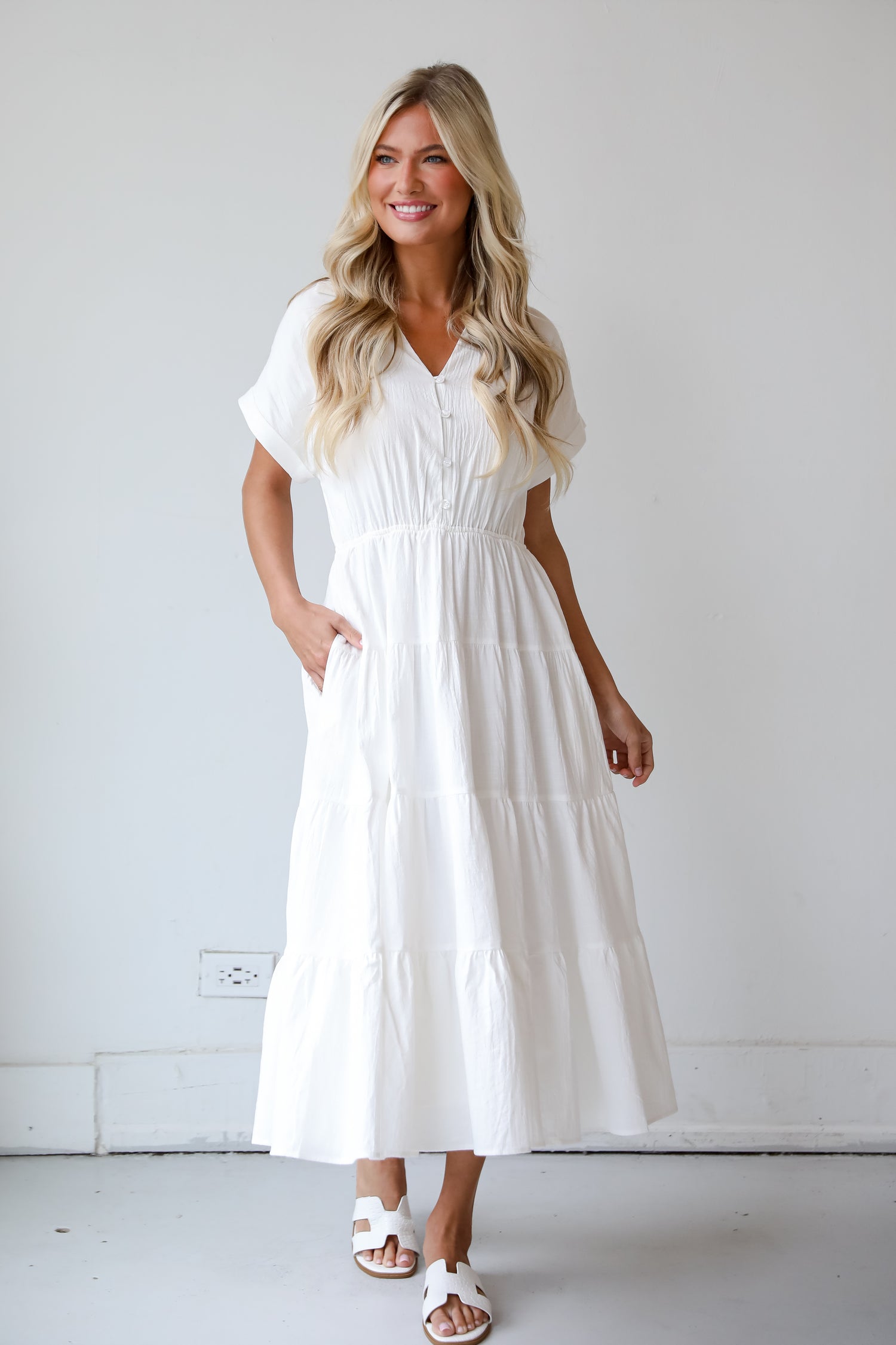 Summer Standard Off White Tiered Midi Dress