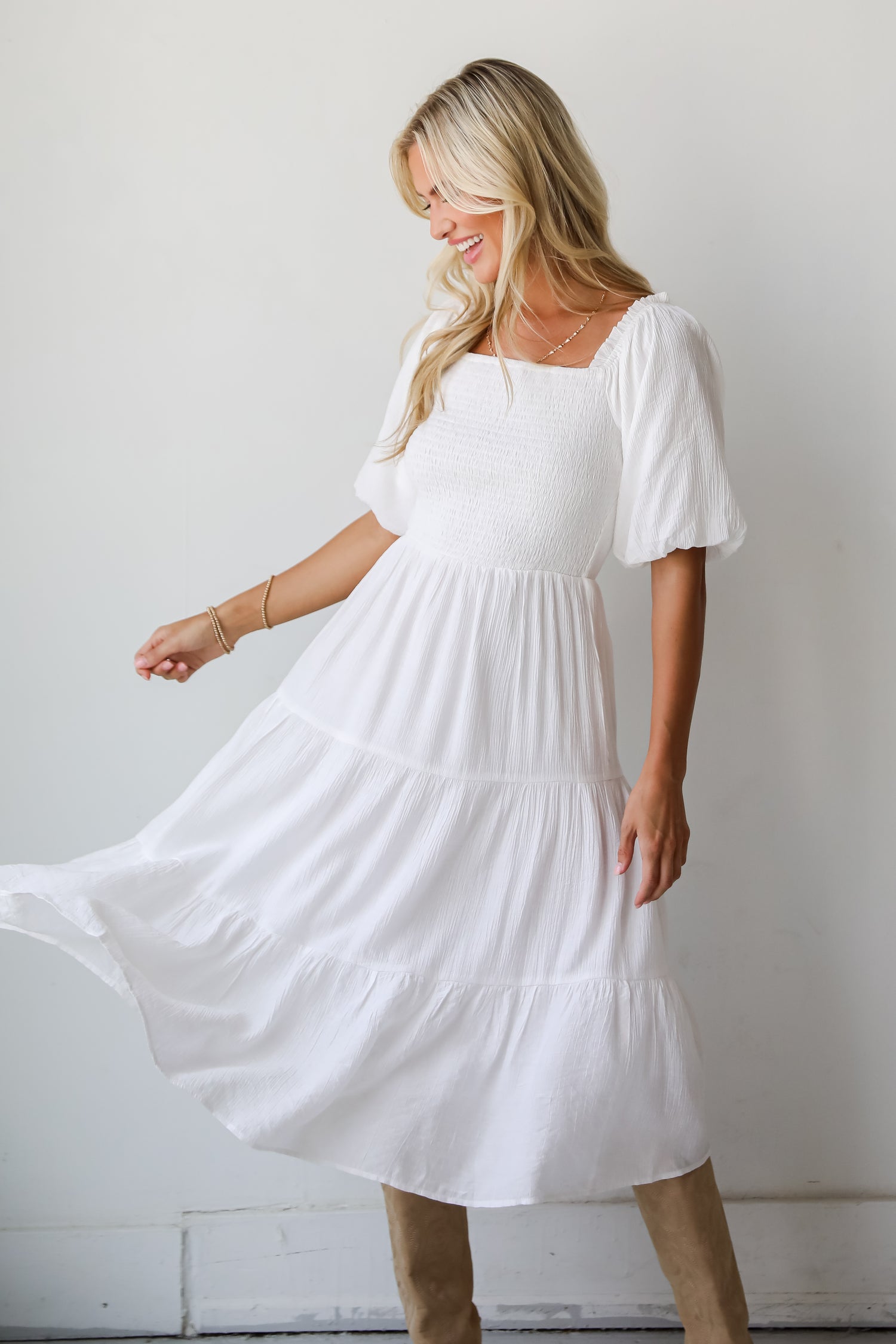 Bubbly Beauty White Tiered Midi Dress