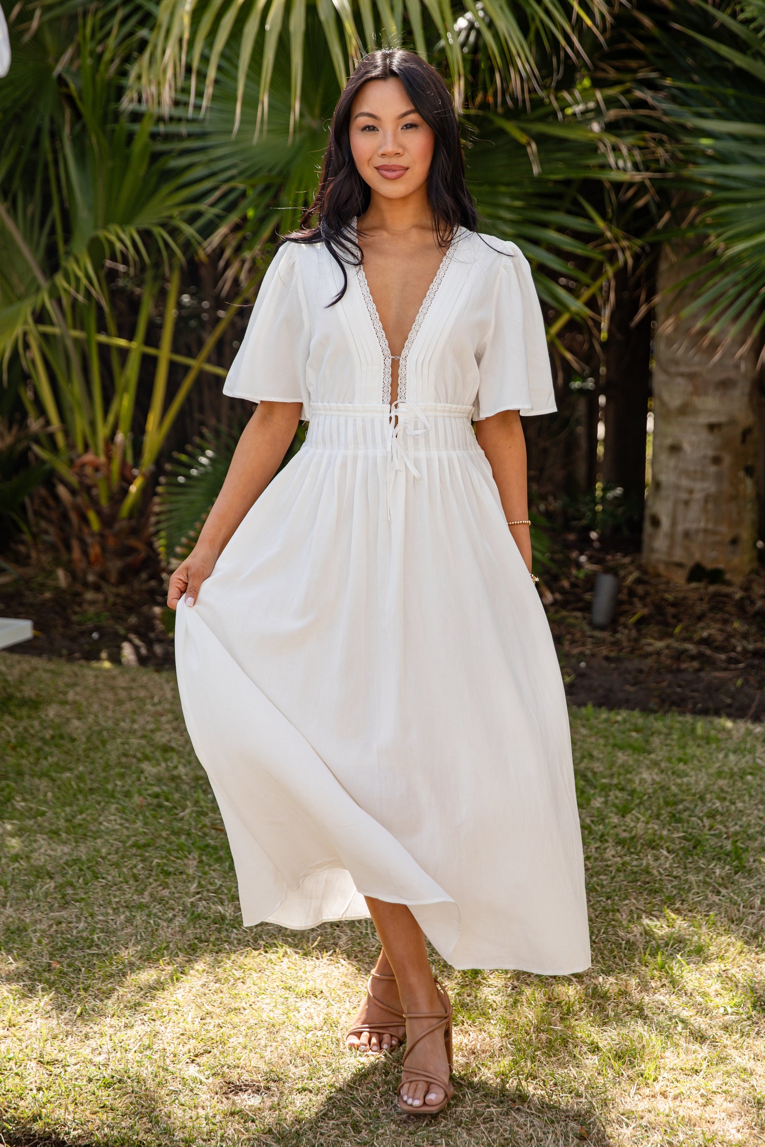 knee length dresses for ladies Mallory Bow-Detail Lace-Trim A-Line Midi Dress in White