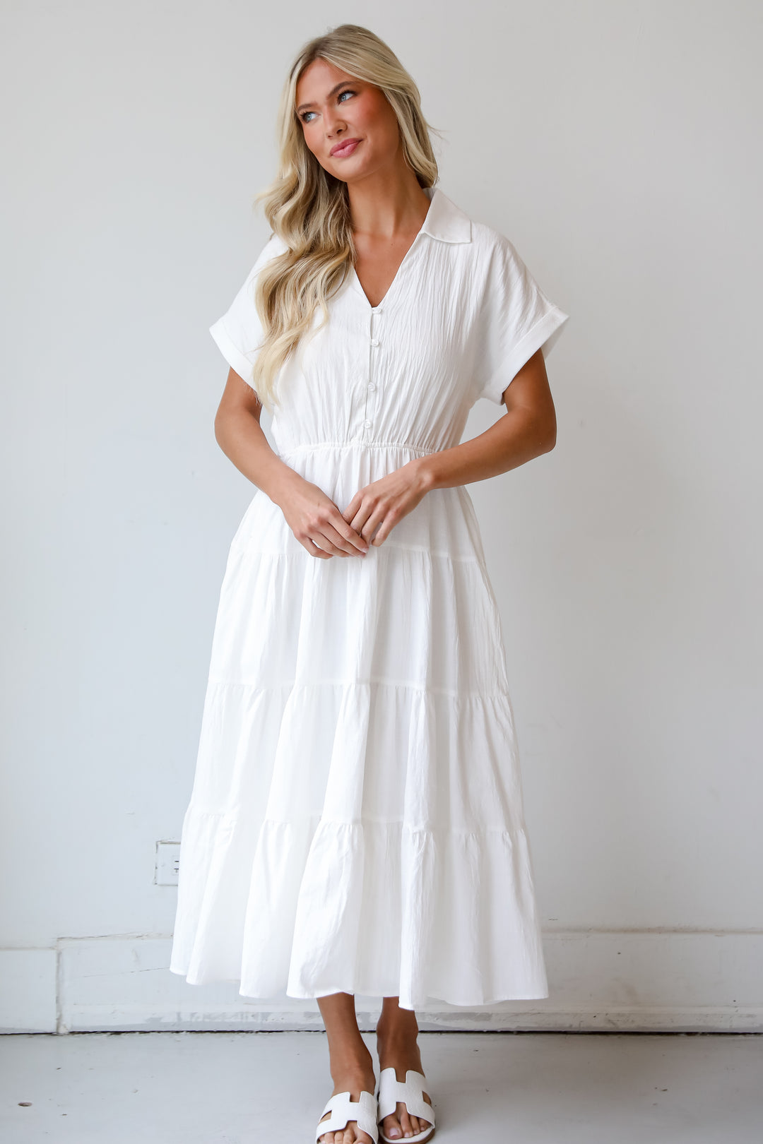 Summer Standard Off White Tiered Midi Dress