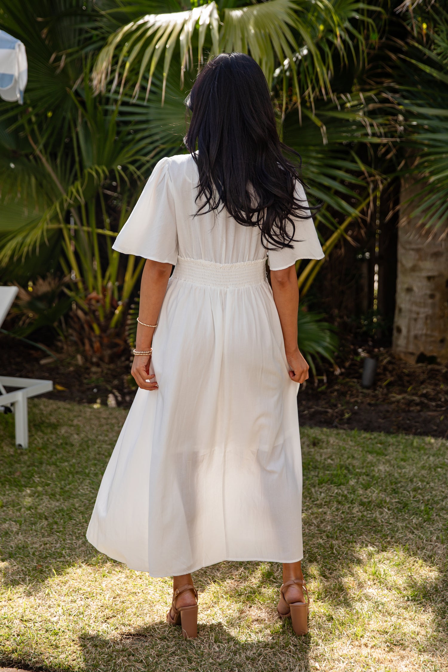 white midi dress women Strut & Bolt Eyelet Strapless Midi Dress for Women in White