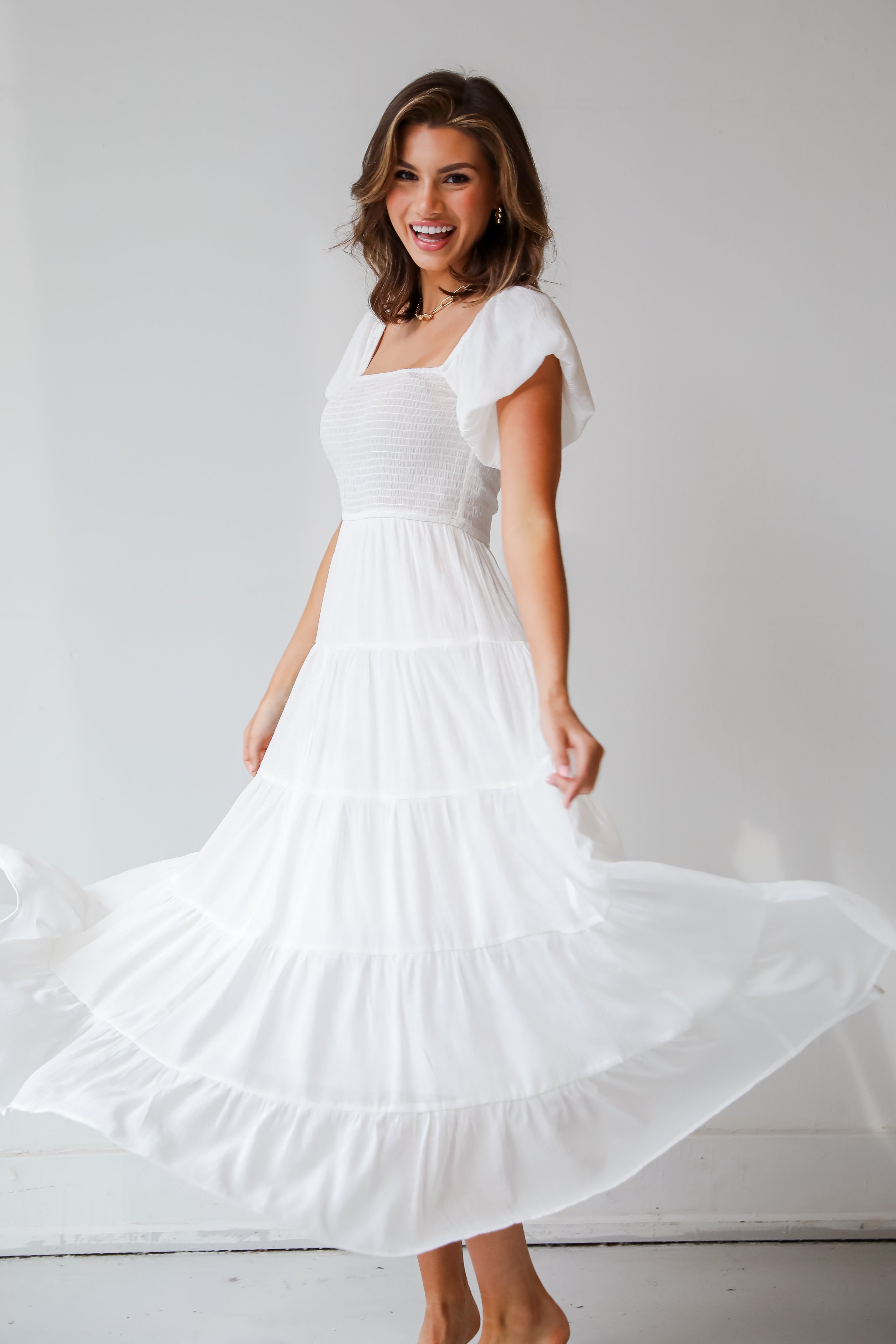 Flowy White Tiered Maxi Dress Cute White Dresses ShopDressUp Dress Up