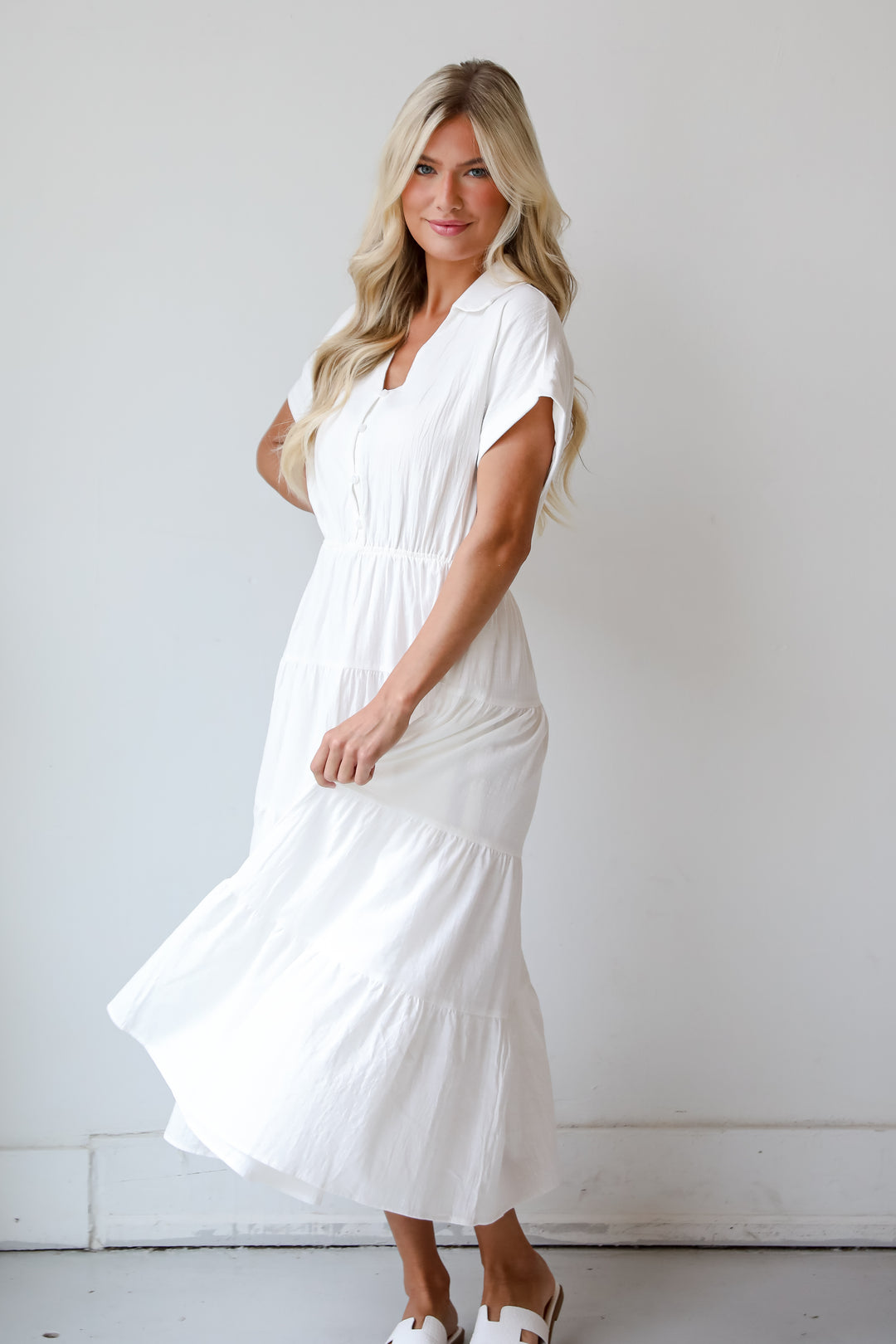 Summer Standard Off White Tiered Midi Dress