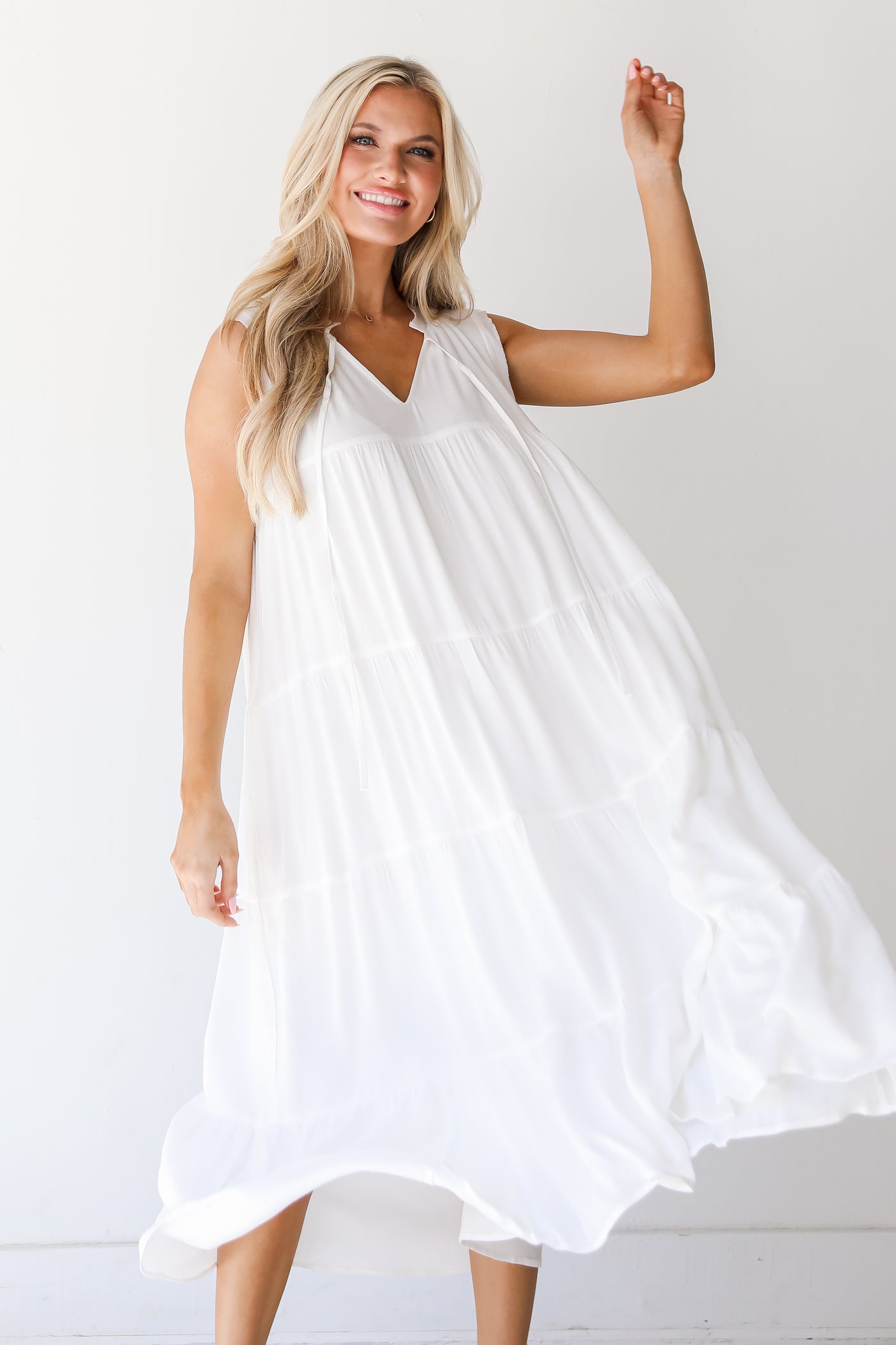 white Tiered Midi Dress front view