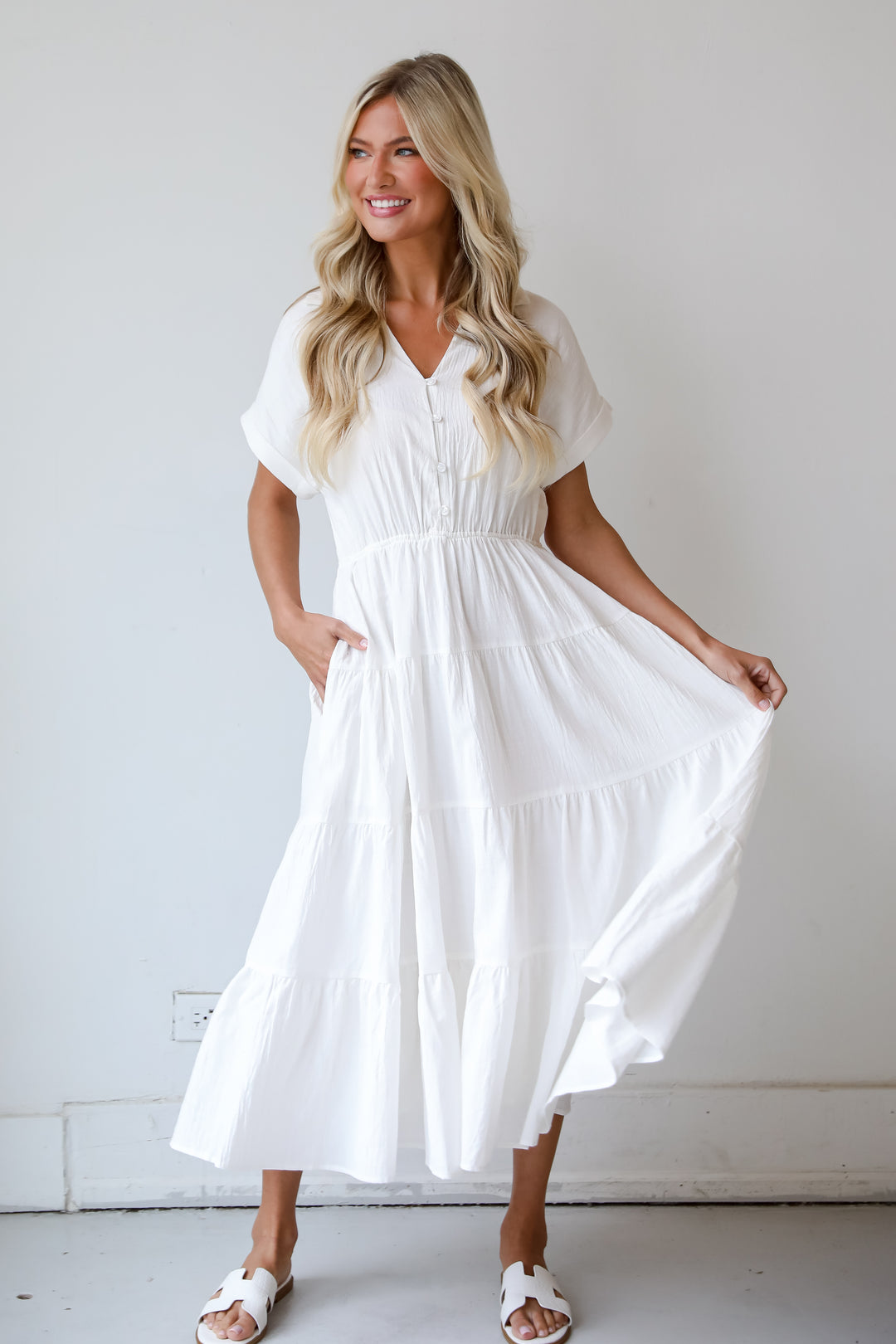 Summer Standard Off White Tiered Midi Dress