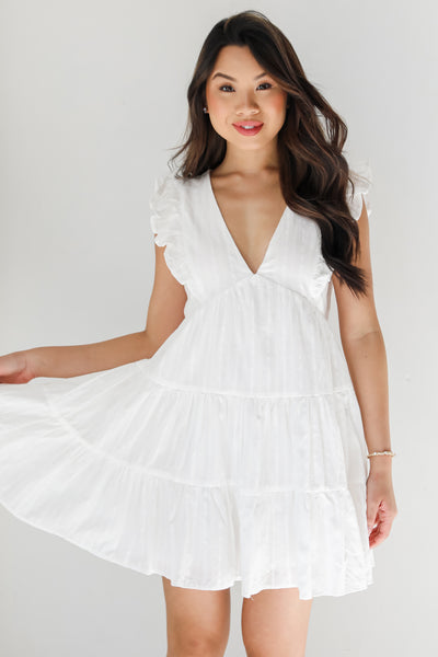 white Tiered Mini Dress on dress up model