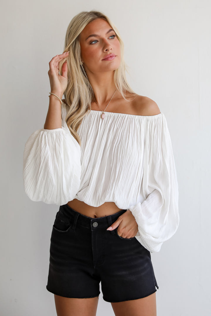 White Satin Off-The-Shoulder Blouse