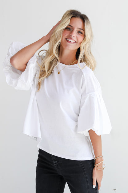 Poised Performance White Contrast Puff Sleeve Top