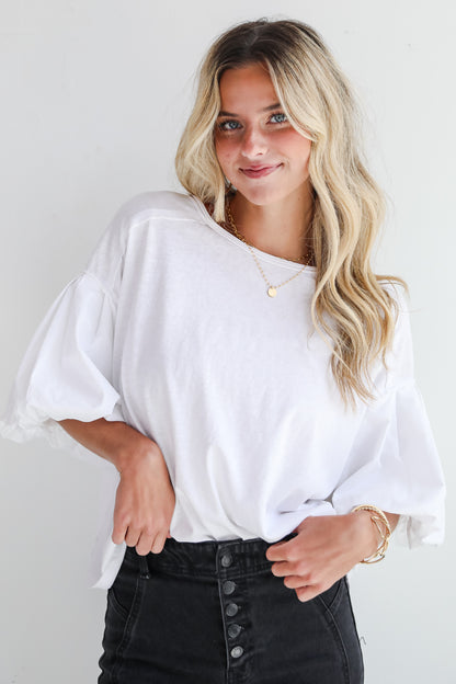 Poised Performance White Contrast Puff Sleeve Top