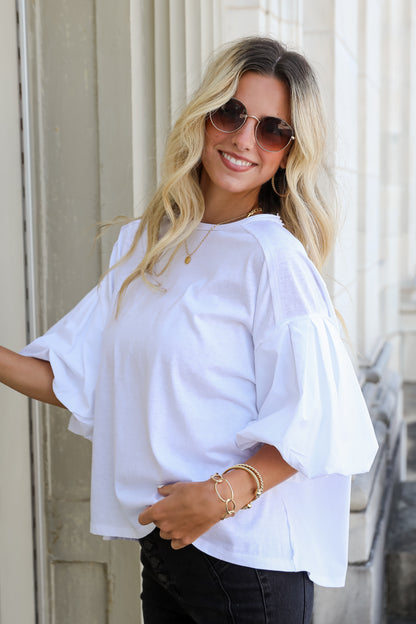 Poised Performance White Contrast Puff Sleeve Top