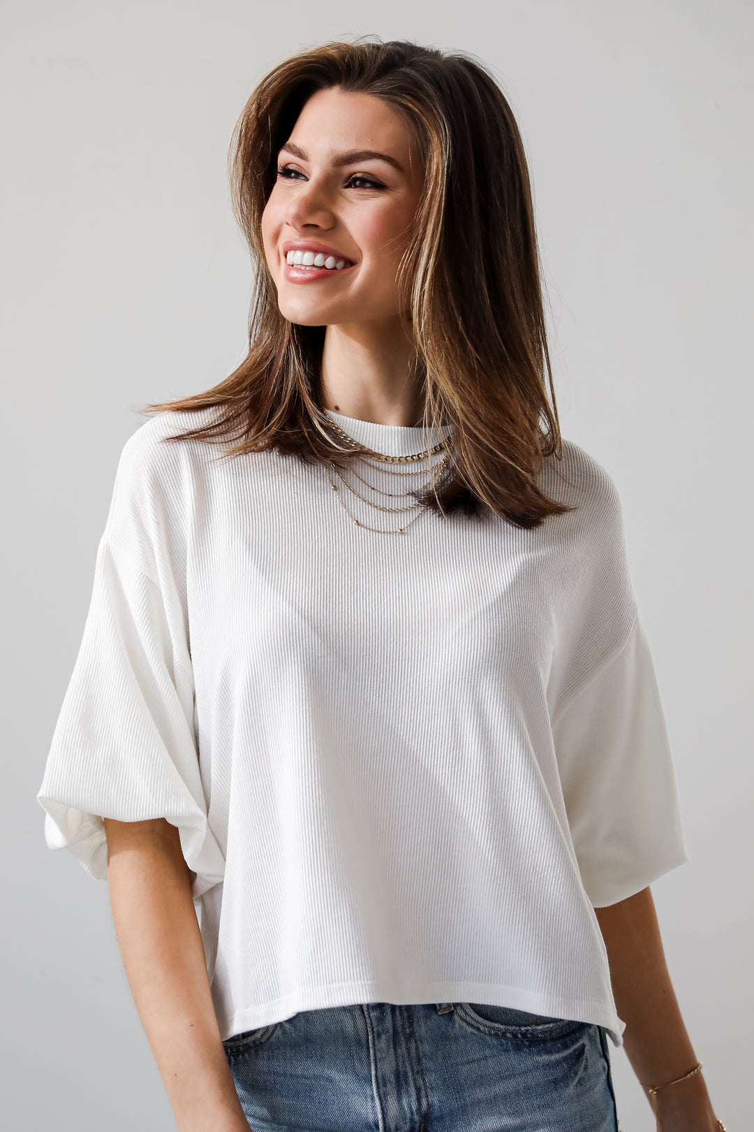 Ivory Ribbed Puff Sleeve Top