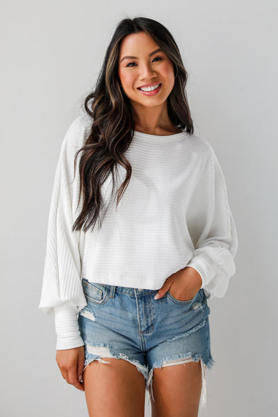 oversized White Ribbed Knit Top