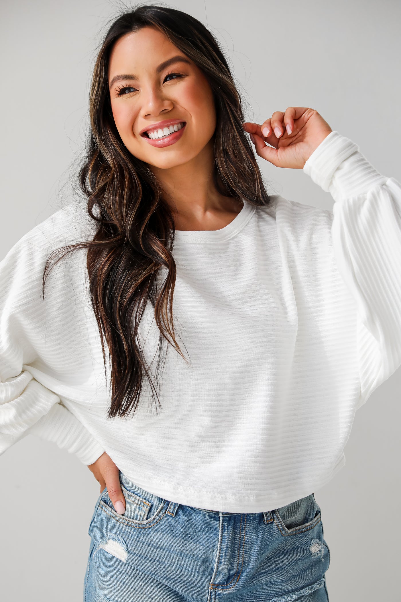 trendy White Ribbed Knit Top