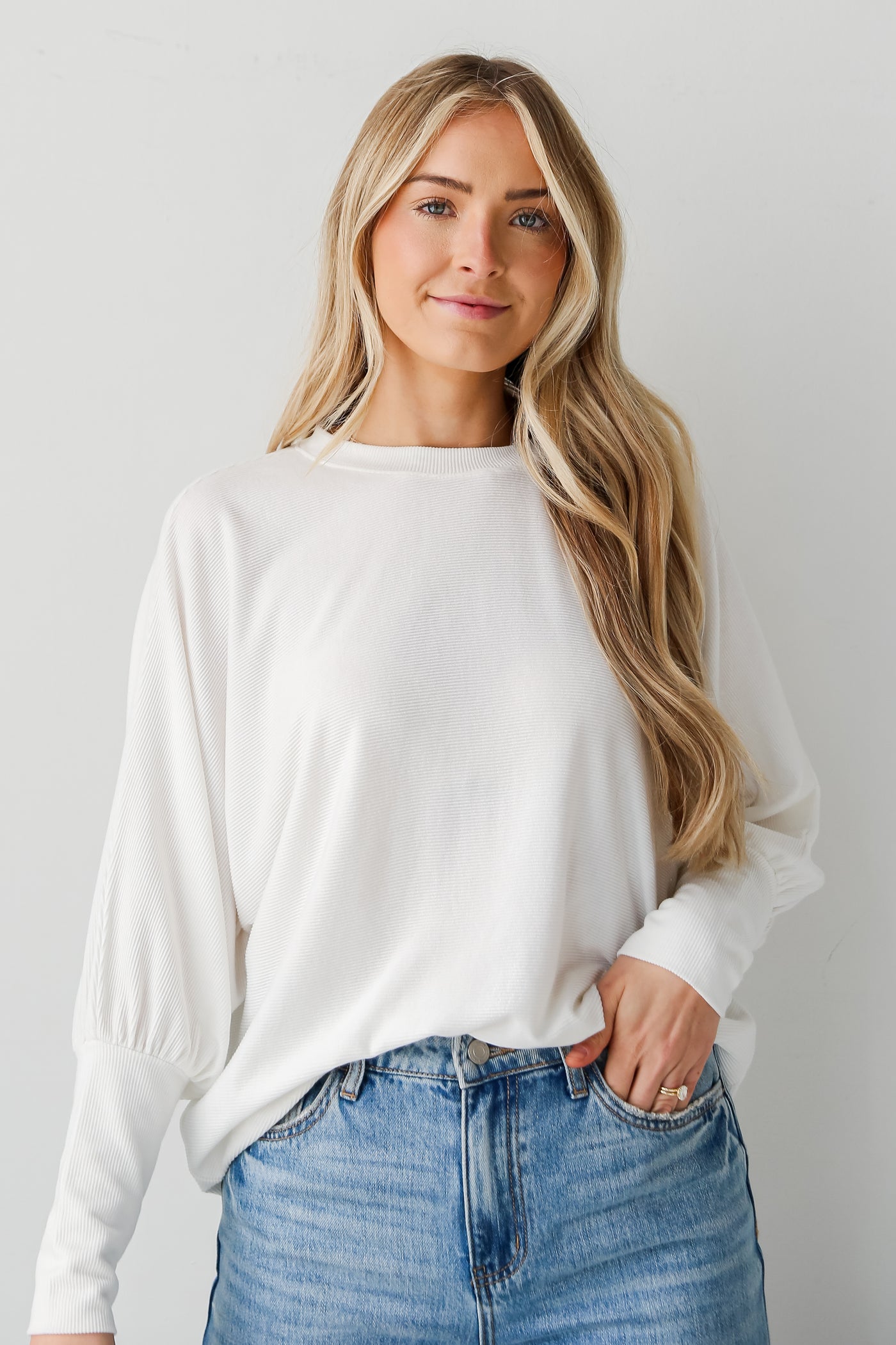 womens Ivory Ribbed Knit Oversized Top