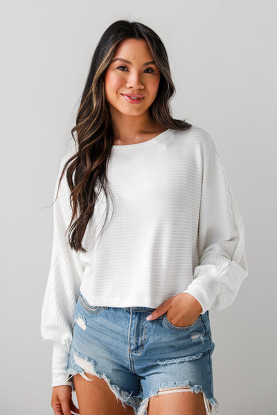 cute White Ribbed Knit Top